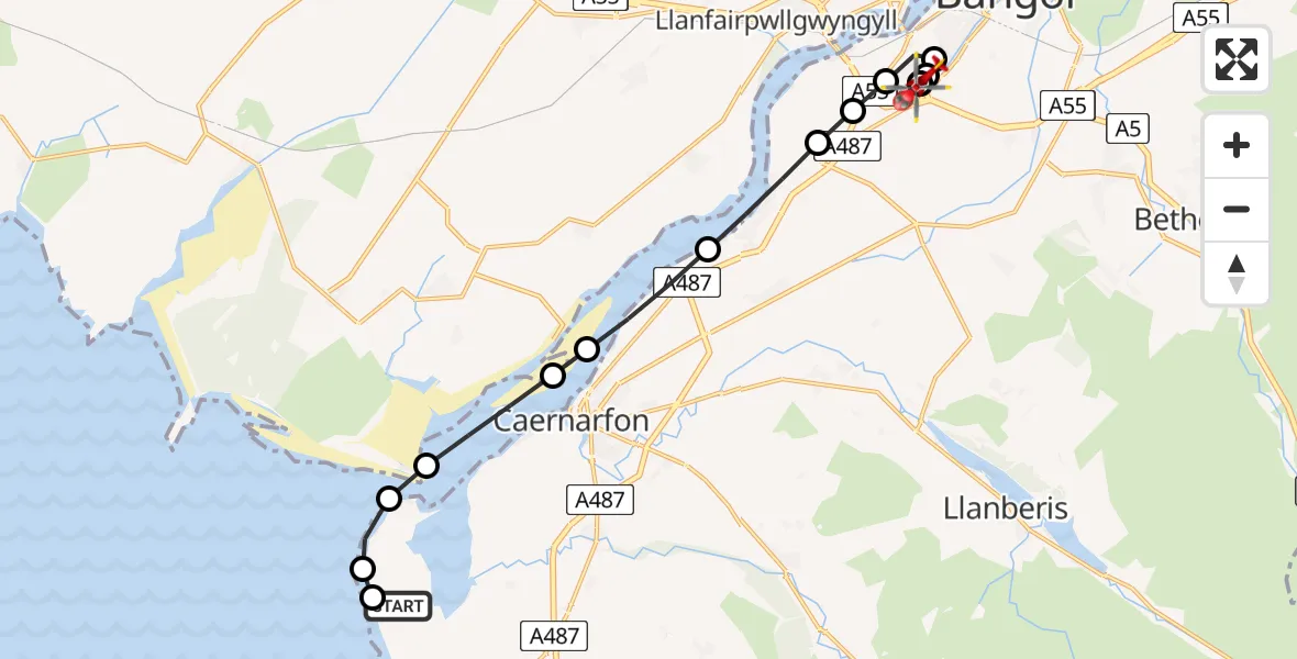 Flight path map showing Air Ambulance Helicopter route from Caernarfon Airport to Ysbyty Gwynedd Hospital Heliport