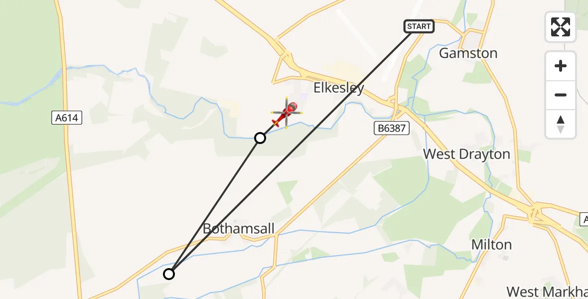 Flight path map showing Air Ambulance Helicopter route from Retford Gamston Airport to Elkesley