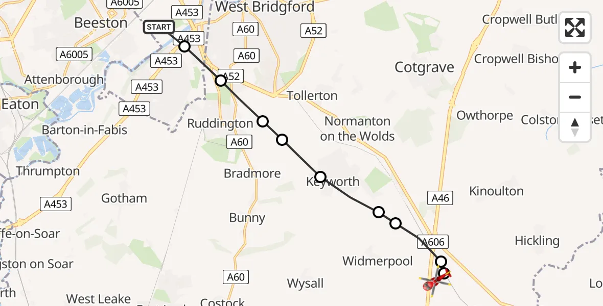 Flight path map showing Air Ambulance Helicopter route from Beeston to Nottingham Heliport