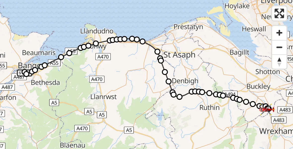 Flight path map showing Air Ambulance Helicopter route from Ysbyty Gwynedd Hospital Heliport to Abermorddu