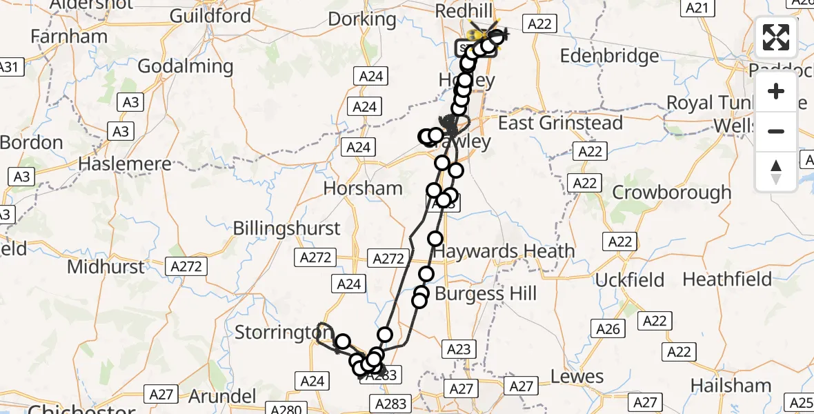 Flight path map showing Police Helicopter route from Salfords to Tandridge