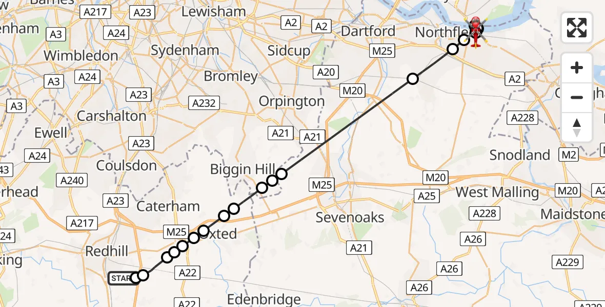 Flight path map showing Air Ambulance Helicopter route from Redhill Aerodrome to Gravesend