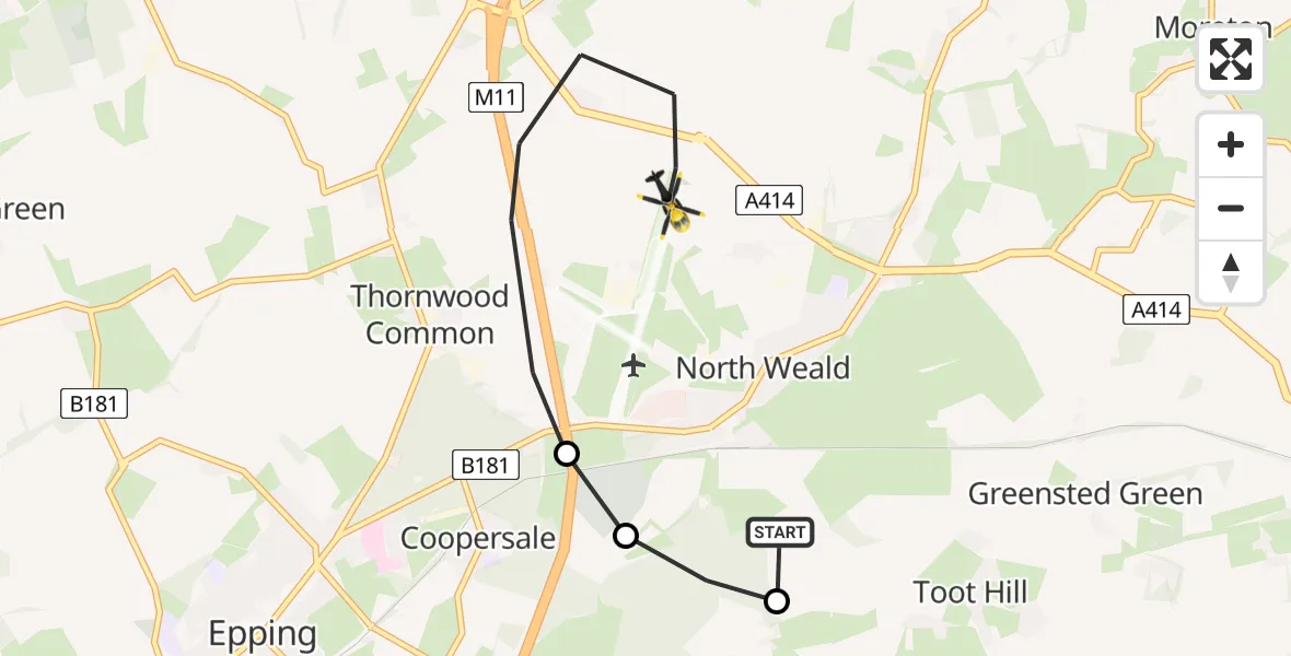 Flight path map showing Police Helicopter route from Woodhatch to North Weald Airfield