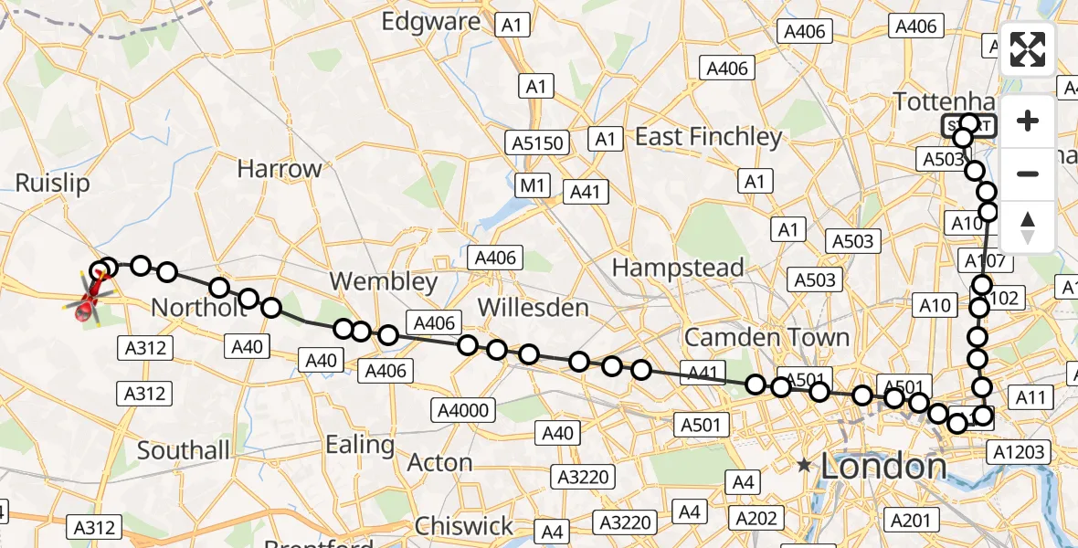 Flight path map showing Air Ambulance Helicopter route from Haringey to RAF Northolt