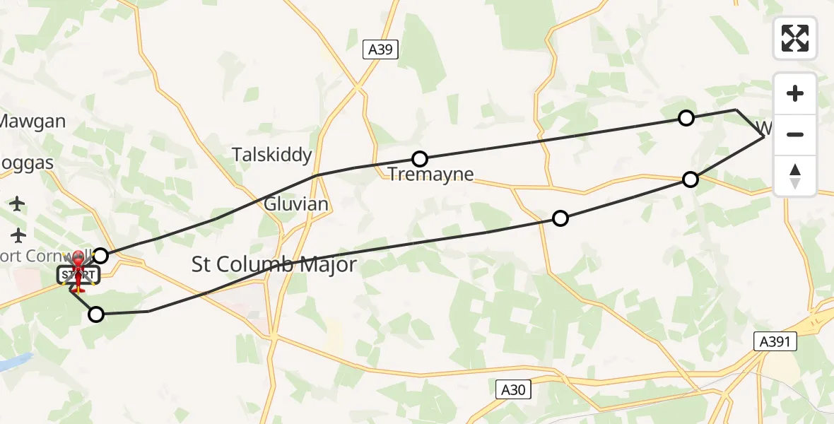 Flight path map showing Air Ambulance Helicopter route from Cornwall Airport Newquay to Cornwall Airport Newquay
