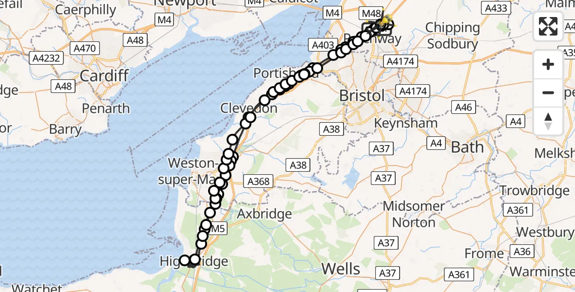Flight path map showing Police Helicopter route from Almondsbury Helicopter Base to Almondsbury Helicopter Base