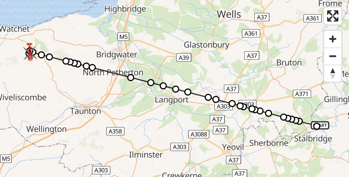 Flight path map showing Air Ambulance Helicopter route from Henstridge Airfield to Stogumber