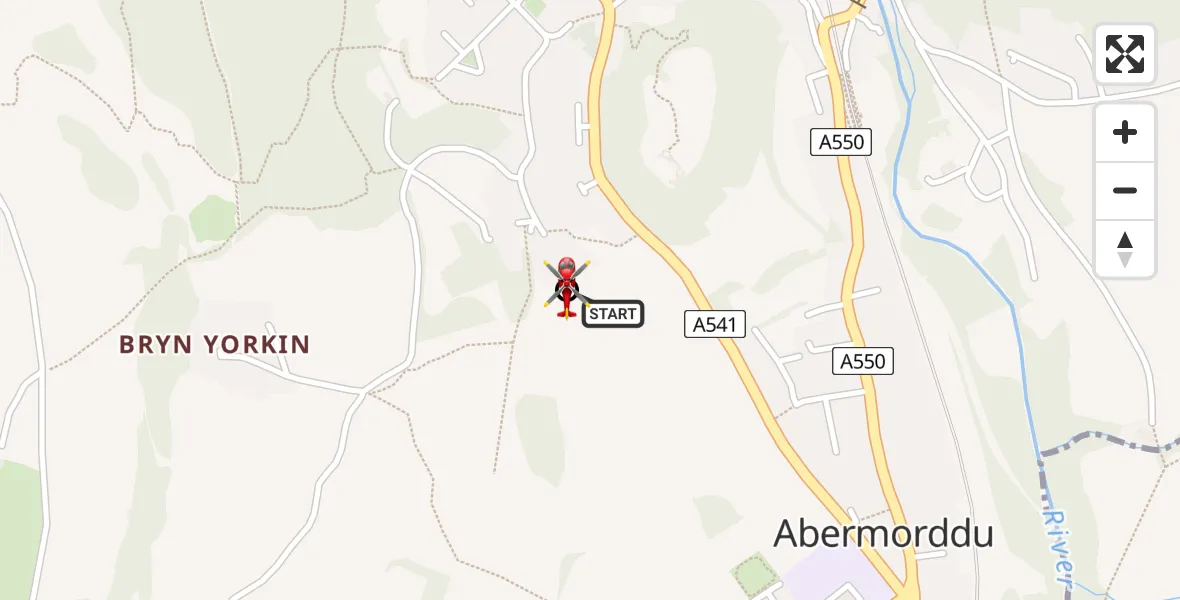 Flight path map showing Air Ambulance Helicopter route from Caergwrle to Abermorddu