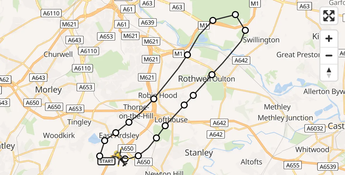 Flight path map showing Police Helicopter route from East Ardsley to East Ardsley