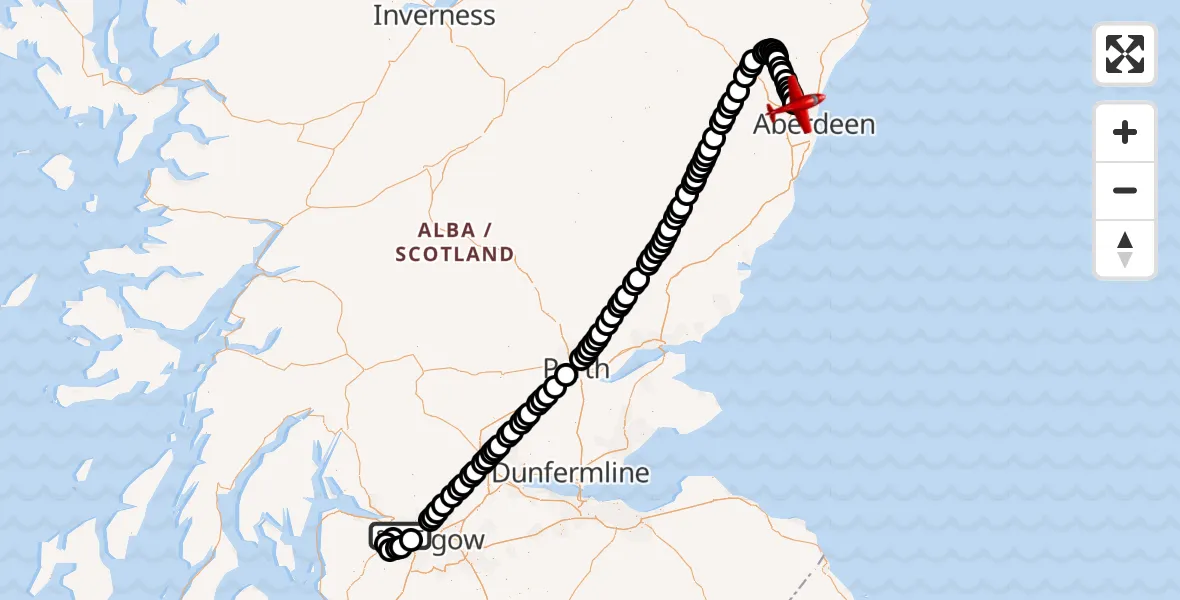 Flight path map showing Air Ambulance Aircraft route from Glasgow Airport to Aberdeen International Airport