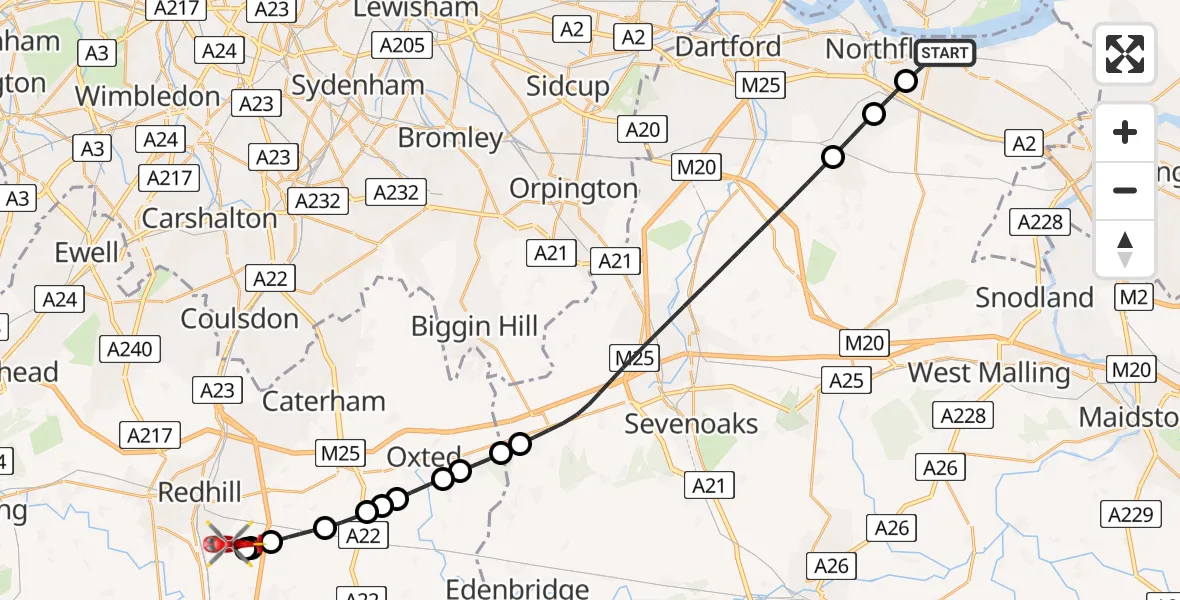 Flight path map showing Air Ambulance Helicopter route from Gravesend to Redhill Aerodrome