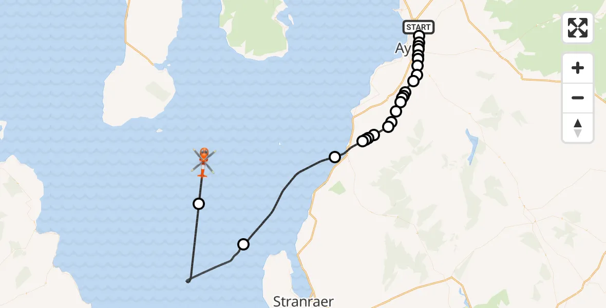 Flight path map showing Coastguard Helicopter route from Glasgow Prestwick Airport to Inner Seas