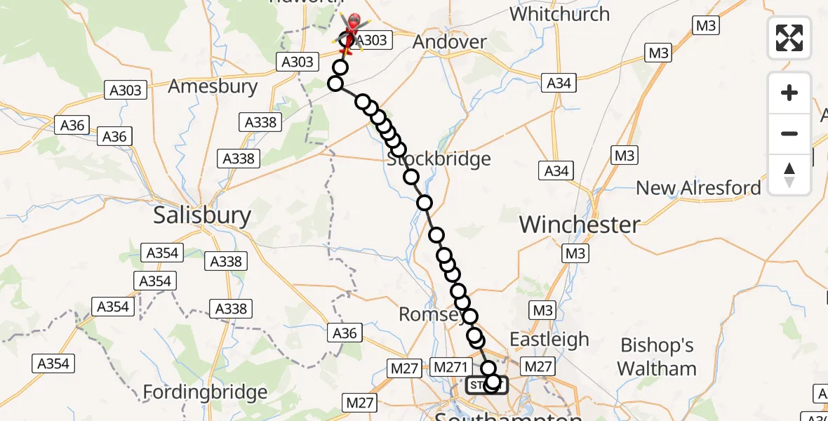 Flight path map showing Air Ambulance Helicopter route from University Hospital Southampton to Thruxton Aerodrome