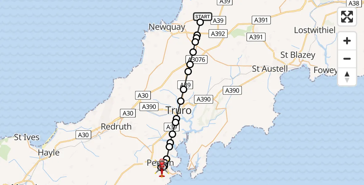 Flight path map showing Air Ambulance Helicopter route from Cornwall Airport Newquay to Falmouth