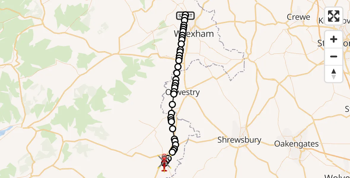 Flight path map showing Air Ambulance Helicopter route from Caergwrle to Welshpool Airport