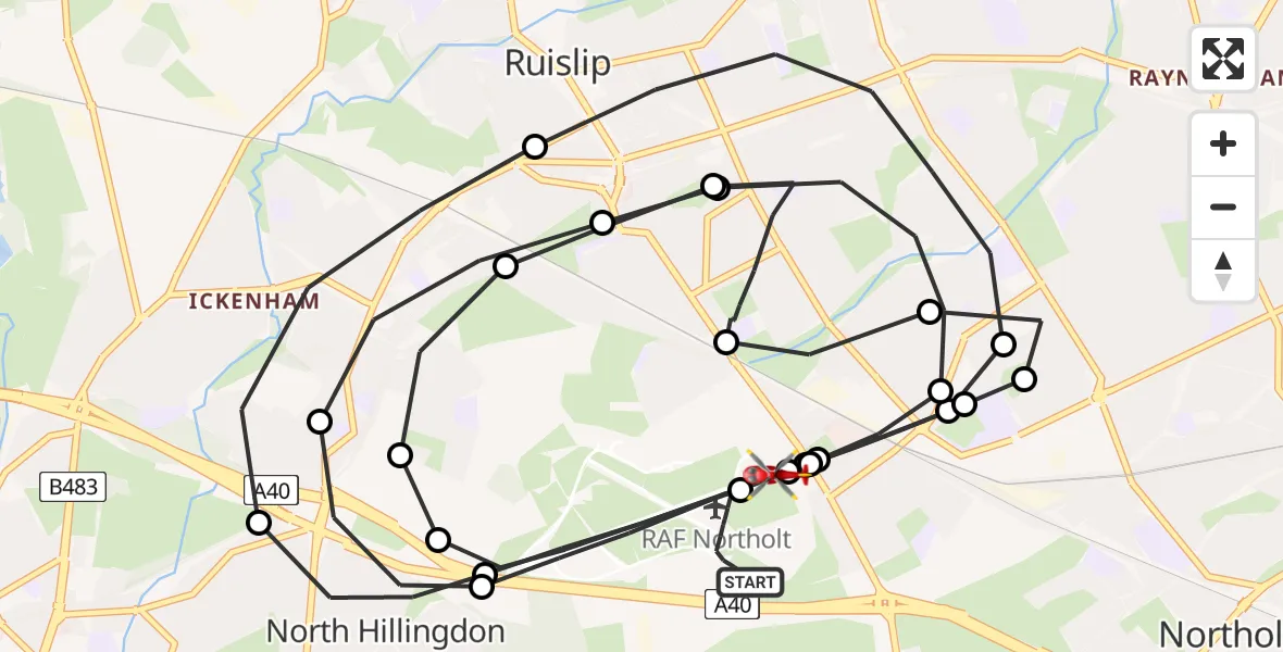 Flight path map showing Air Ambulance Helicopter route from RAF Northolt to RAF Northolt