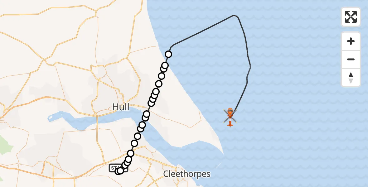 Flight path map showing Coastguard Helicopter route from Humberside Airport to North Sea
