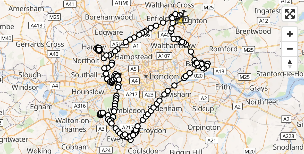 Flight path map showing Police Helicopter route from Sewardstonebury to Metropolitan Police Air Support Unit Lippitts Hill