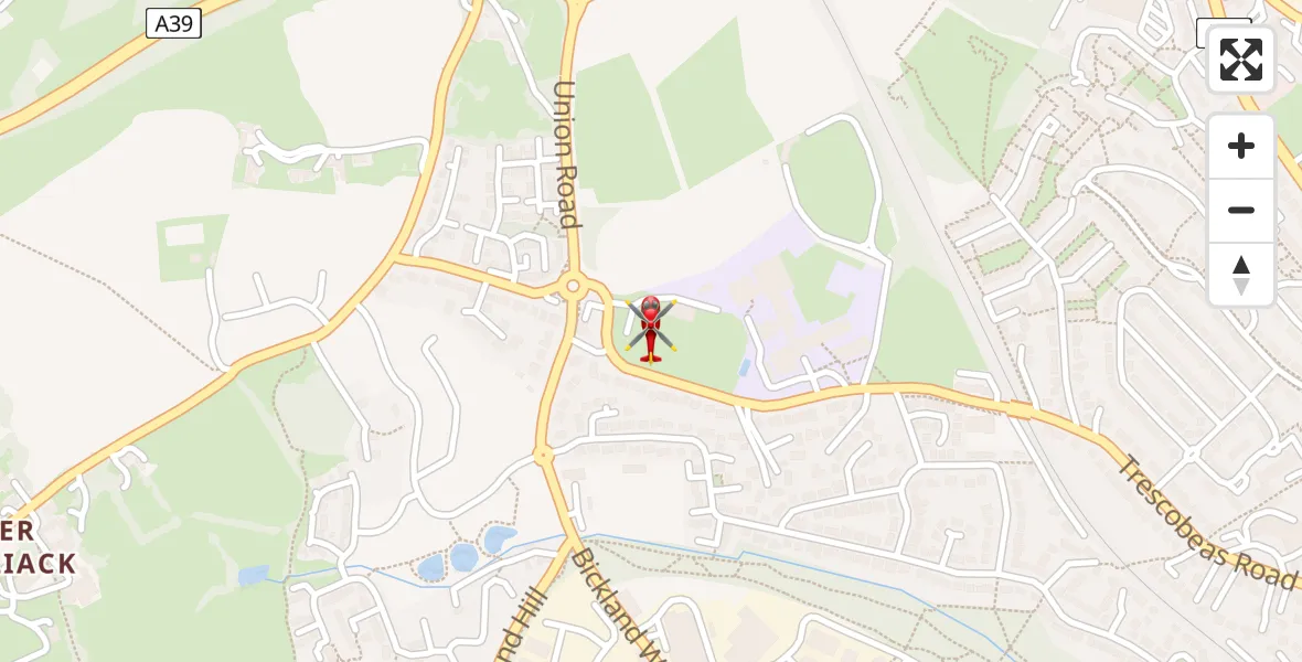 Flight path map showing Air Ambulance Helicopter route from Falmouth to Falmouth