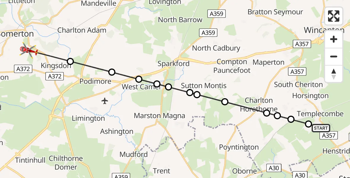 Flight path map showing Air Ambulance Helicopter route from Templecombe to Somerton