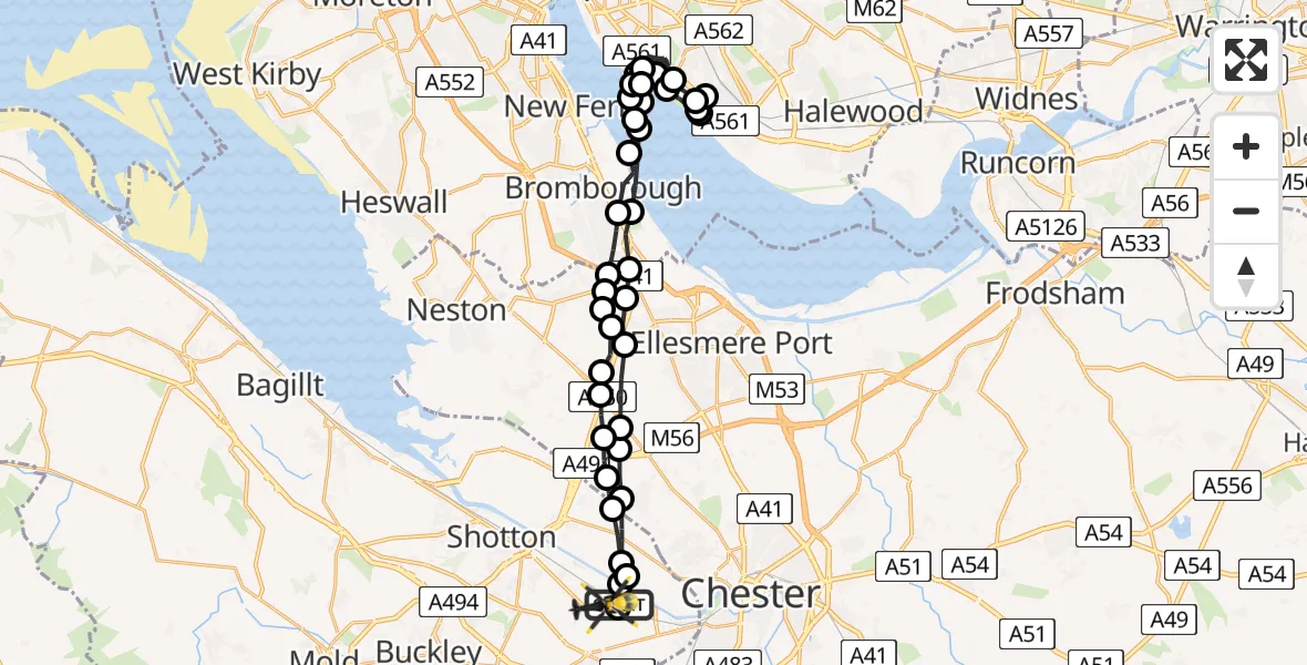 Flight path map showing Police Helicopter route from Hawarden Airport to Hawarden Airport
