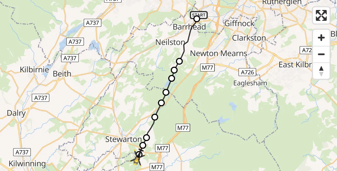 Flight path map showing Police Helicopter route from Glasgow to Kilmarnock