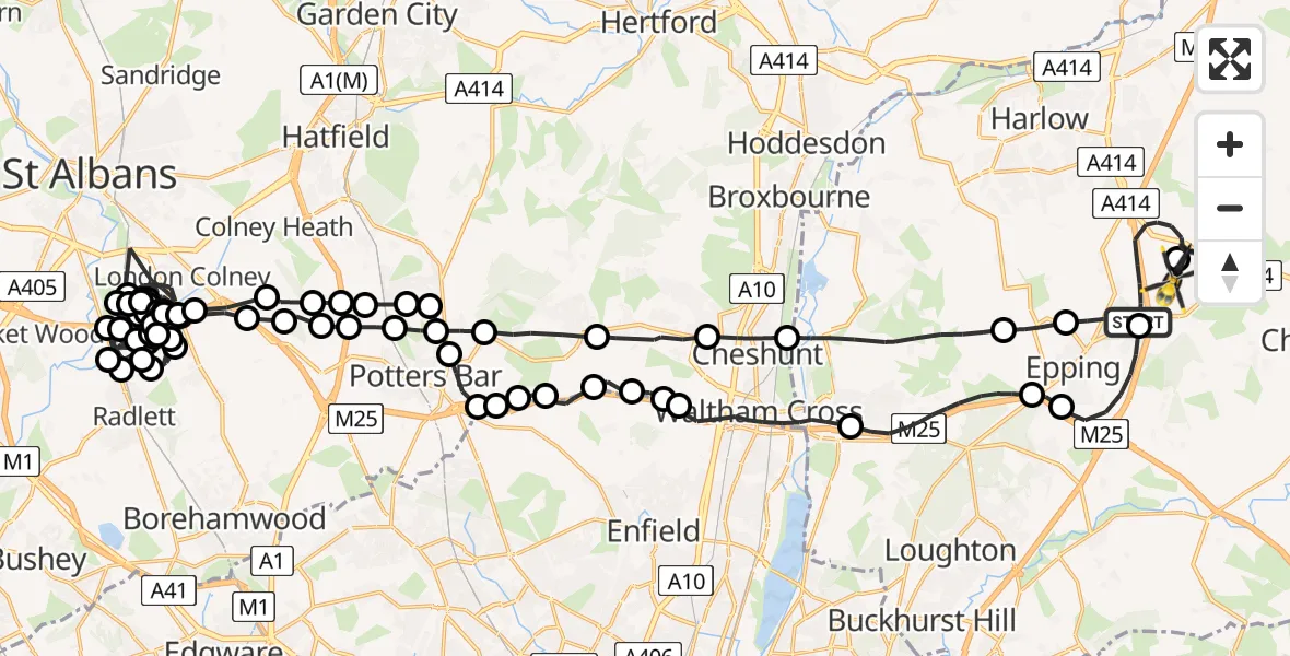 Flight path map showing Police Helicopter route from North Weald Bassett to North Weald Airfield