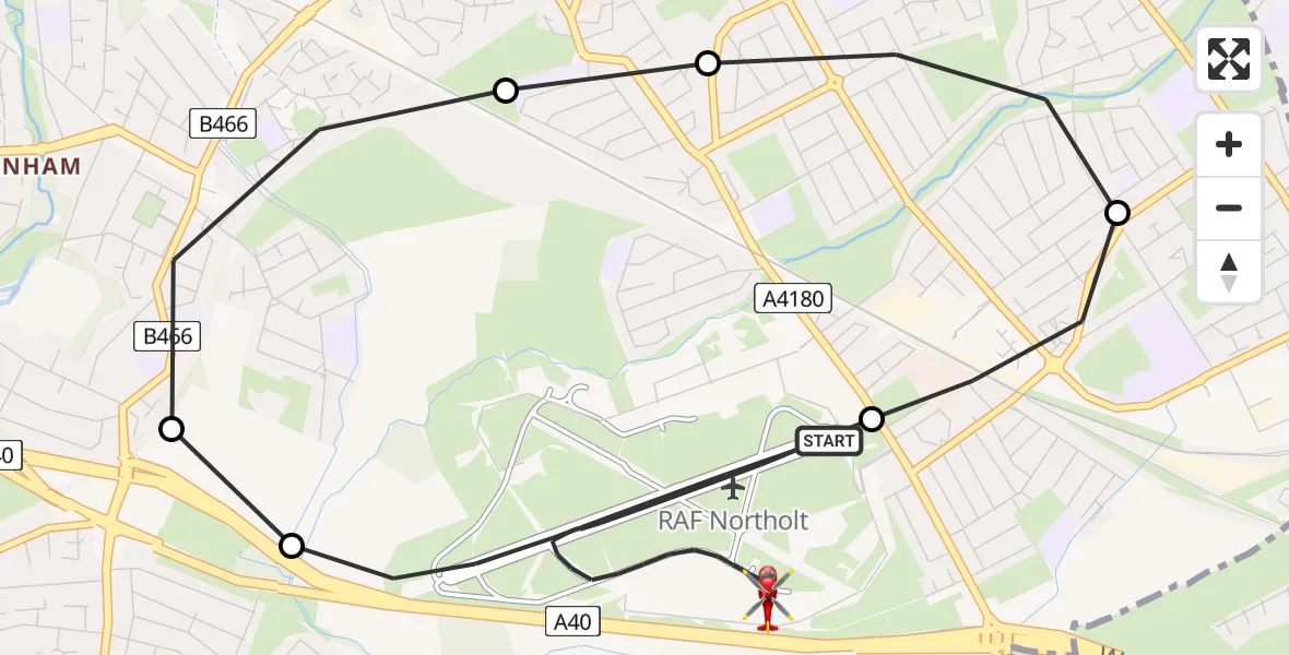 Flight path map showing Air Ambulance Helicopter route from RAF Northolt to RAF Northolt