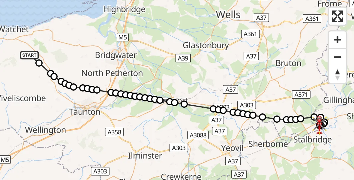 Flight path map showing Air Ambulance Helicopter route from Stogumber to Henstridge Airfield