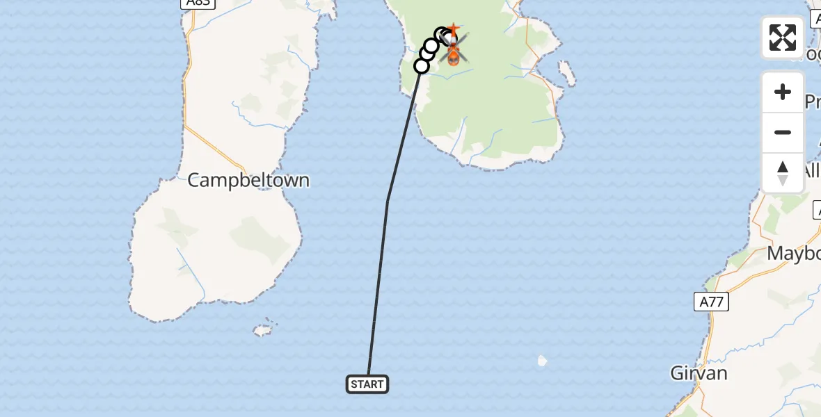 Flight path map showing Coastguard Helicopter route from Inner Seas to Glenloig