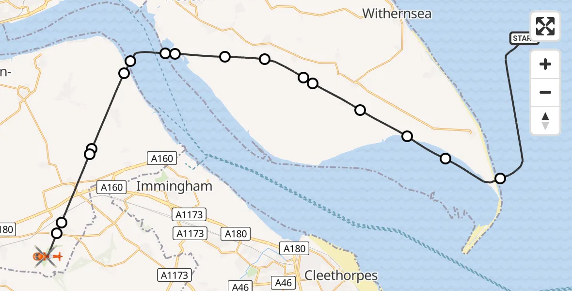 Flight path map showing Coastguard Helicopter route from North Sea to Humberside Airport