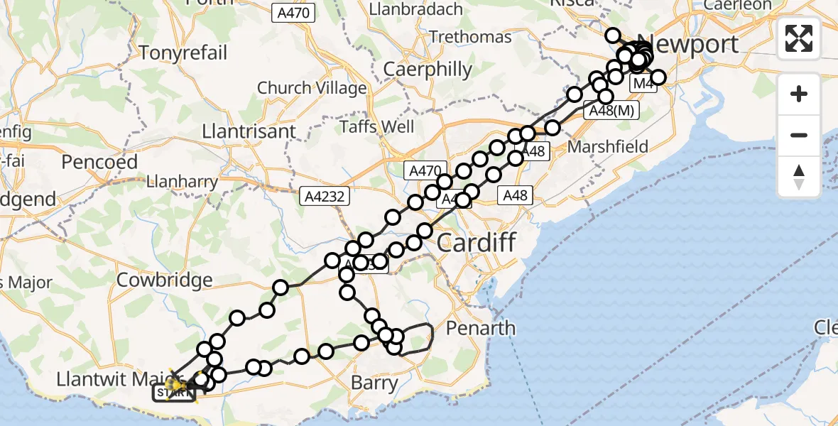 Flight path map showing Police Helicopter route from MOD St Athan to MOD St Athan