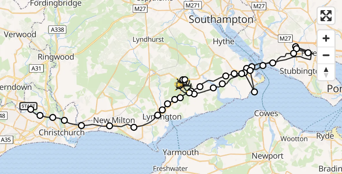 Flight path map showing Police Helicopter route from Bournemouth Airport to East Boldre