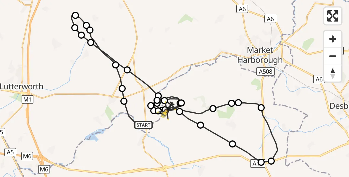 Flight path map showing Police Helicopter route from Husbands Bosworth to Sibbertoft
