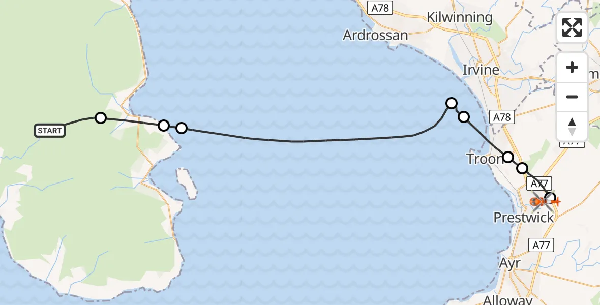 Flight path map showing Coastguard Helicopter route from North Ayrshire to Glasgow Prestwick Airport
