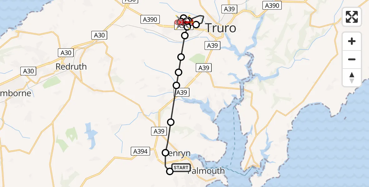 Flight path map showing Air Ambulance Helicopter route from Falmouth to Treliske Hospital
