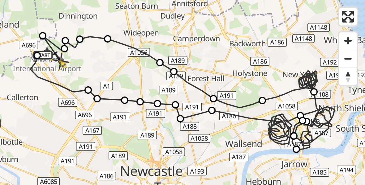 Flight path map showing Police Helicopter route from Newcastle International Airport to Woolsington