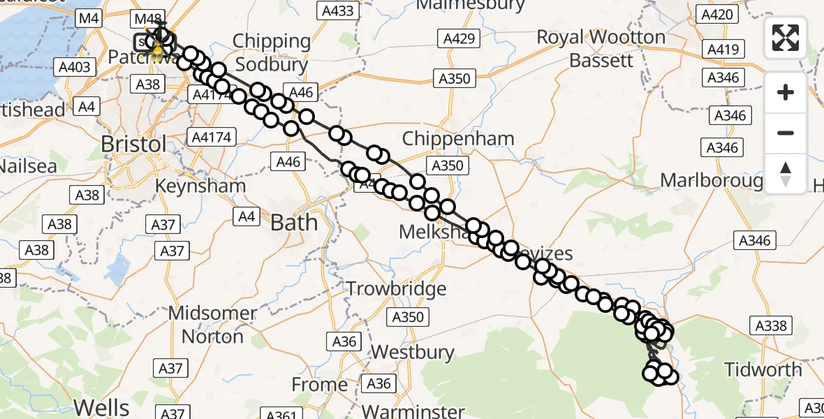 Flight path map showing Police Helicopter route from Almondsbury Helicopter Base to Almondsbury Helicopter Base