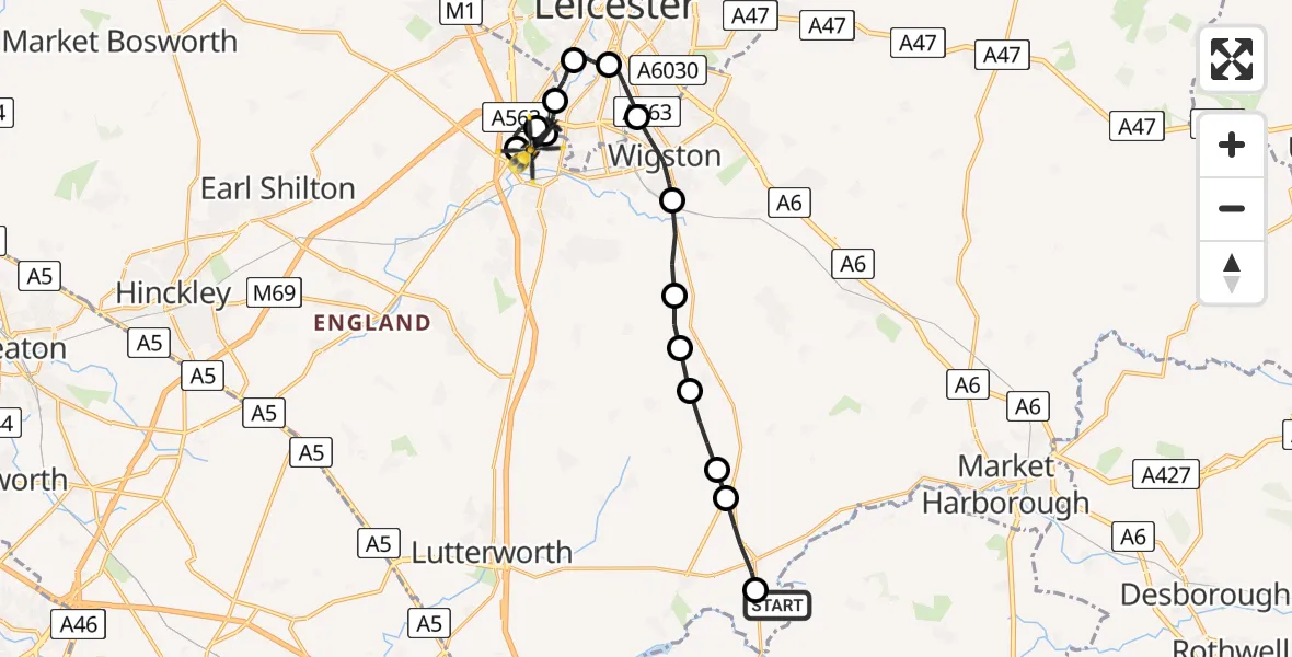 Flight path map showing Police Helicopter route from Husbands Bosworth Airfield to Blaby