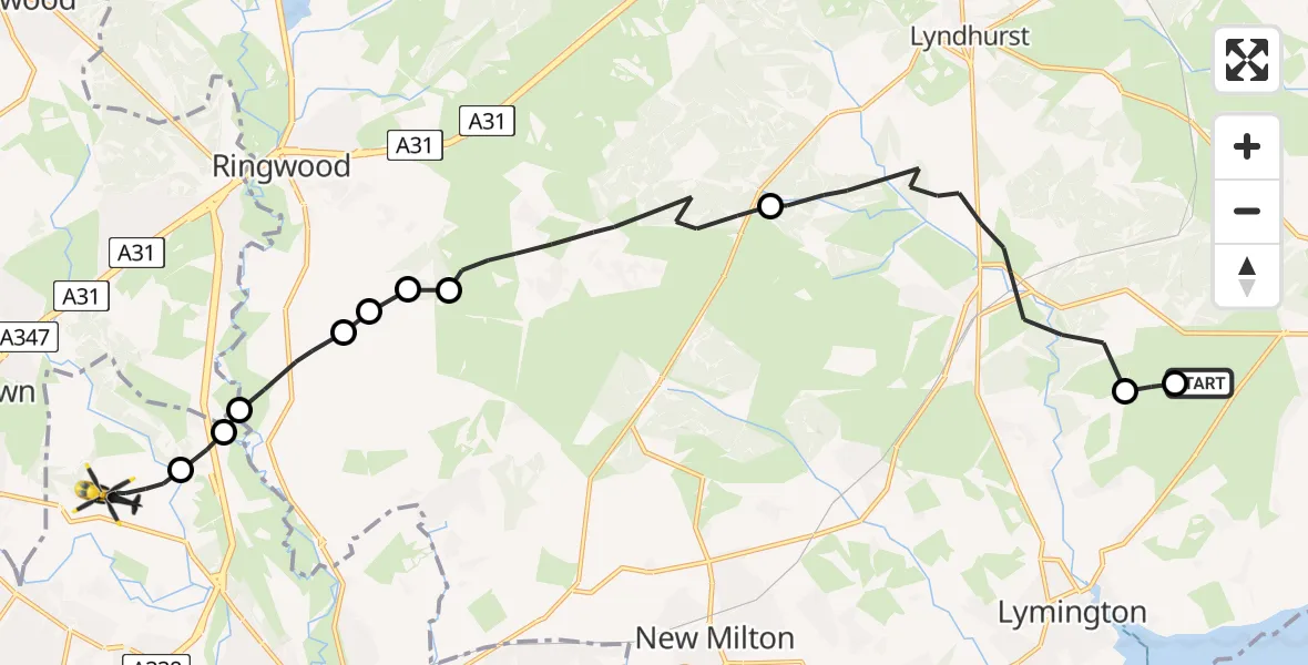 Flight path map showing Police Helicopter route from RAF Beaulieu to Bournemouth Airport