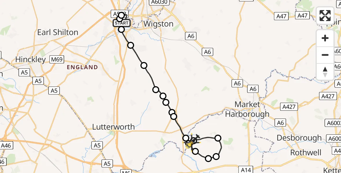 Flight path map showing Police Helicopter route from Blaby to Harborough