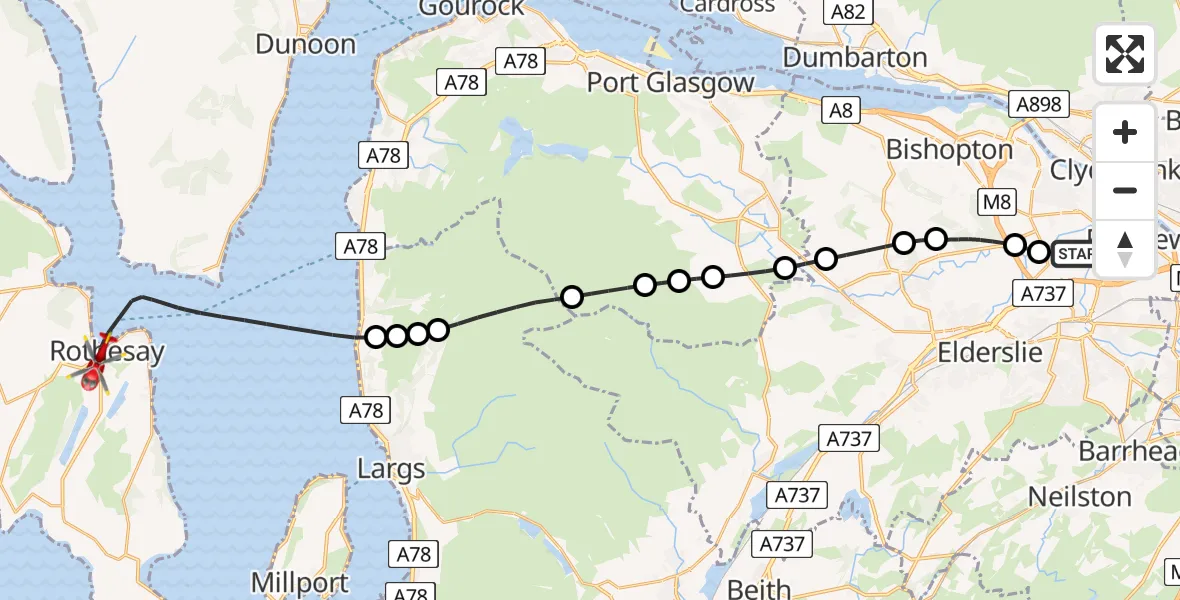Flight path map showing Air Ambulance Helicopter route from Glasgow Airport to Inner Seas