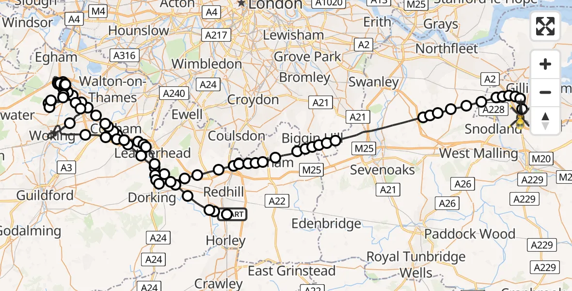Flight path map showing Police Helicopter route from Redhill Aerodrome to Rochester Airport