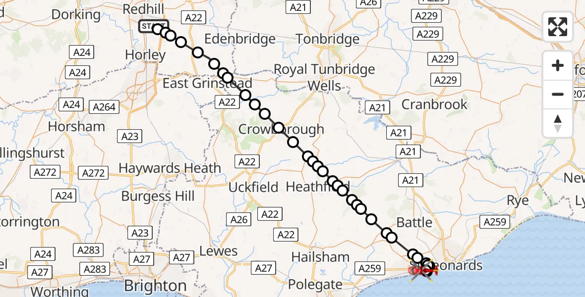 Flight path map showing Air Ambulance Helicopter route from Redhill Aerodrome to Hastings
