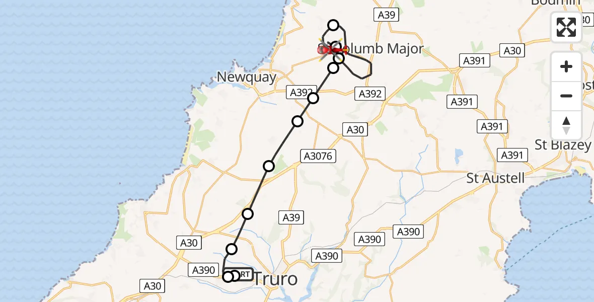 Flight path map showing Air Ambulance Helicopter route from Treliske Hospital to Cornwall Airport Newquay
