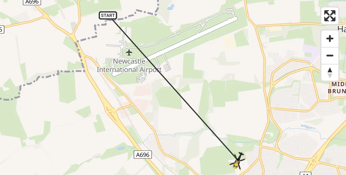 Flight path map showing Police Helicopter route from Newcastle International Airport to Newcastle upon Tyne