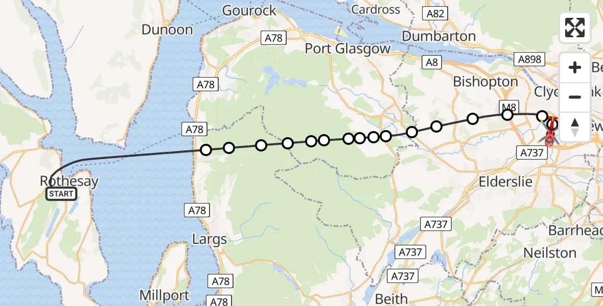 Flight path map showing Air Ambulance Helicopter route from Inner Seas to Glasgow Airport