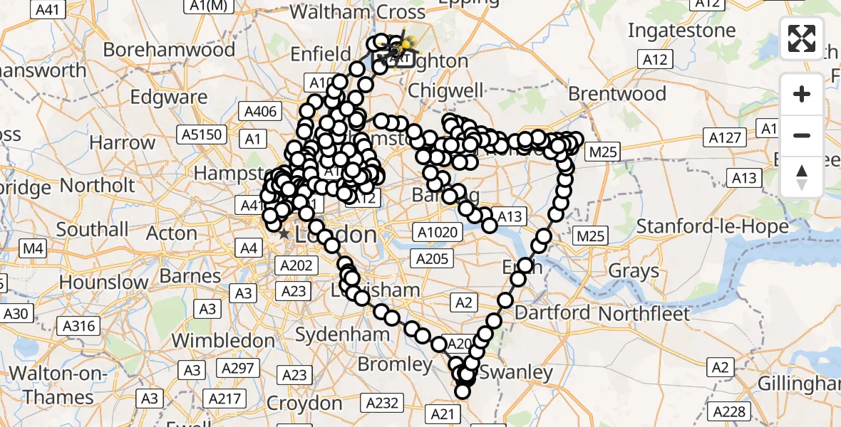 Flight route Police Helicopter Sewardstonebury - Metropolitan Police Air Support Unit Lippitts Hill, 15 April 2026, 21:59