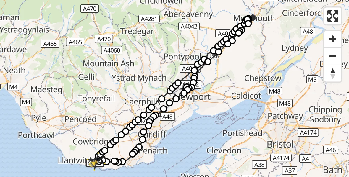 Flight path map showing Police Helicopter route from MOD St Athan to MOD St Athan