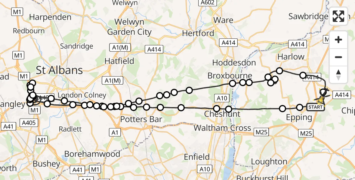 Flight path map showing Police Helicopter route from North Weald Bassett to North Weald Airfield